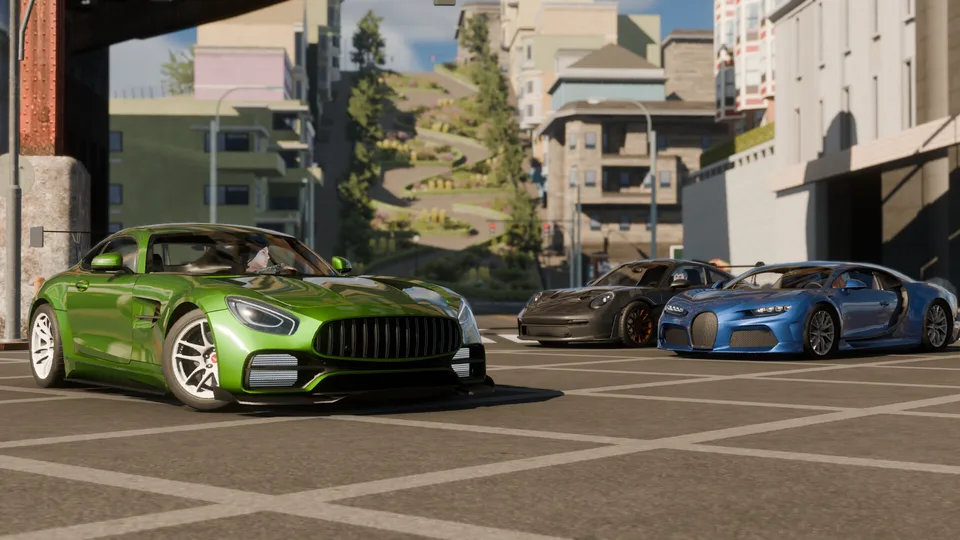 CPM 2 gameplay: sports cars meeting at a city junction