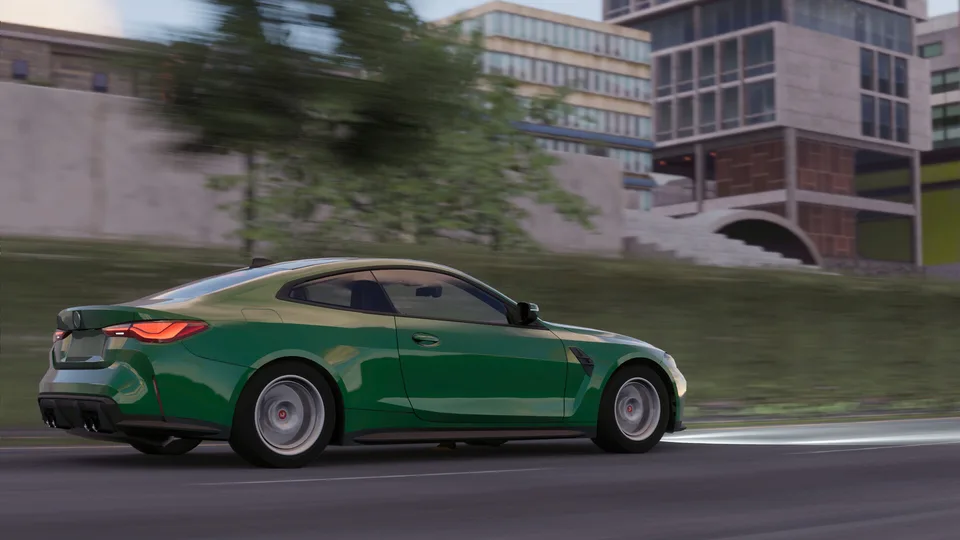 CPM 2 gameplay: a green sports car driving through the city