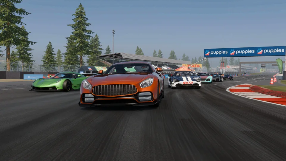 CPM 2 gameplay: sports cars racing on a circuit track